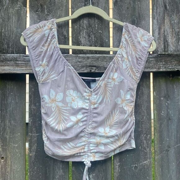 Forever 21 Tan Cinched Front Floral Crop Top | L - Picture 1 of 4